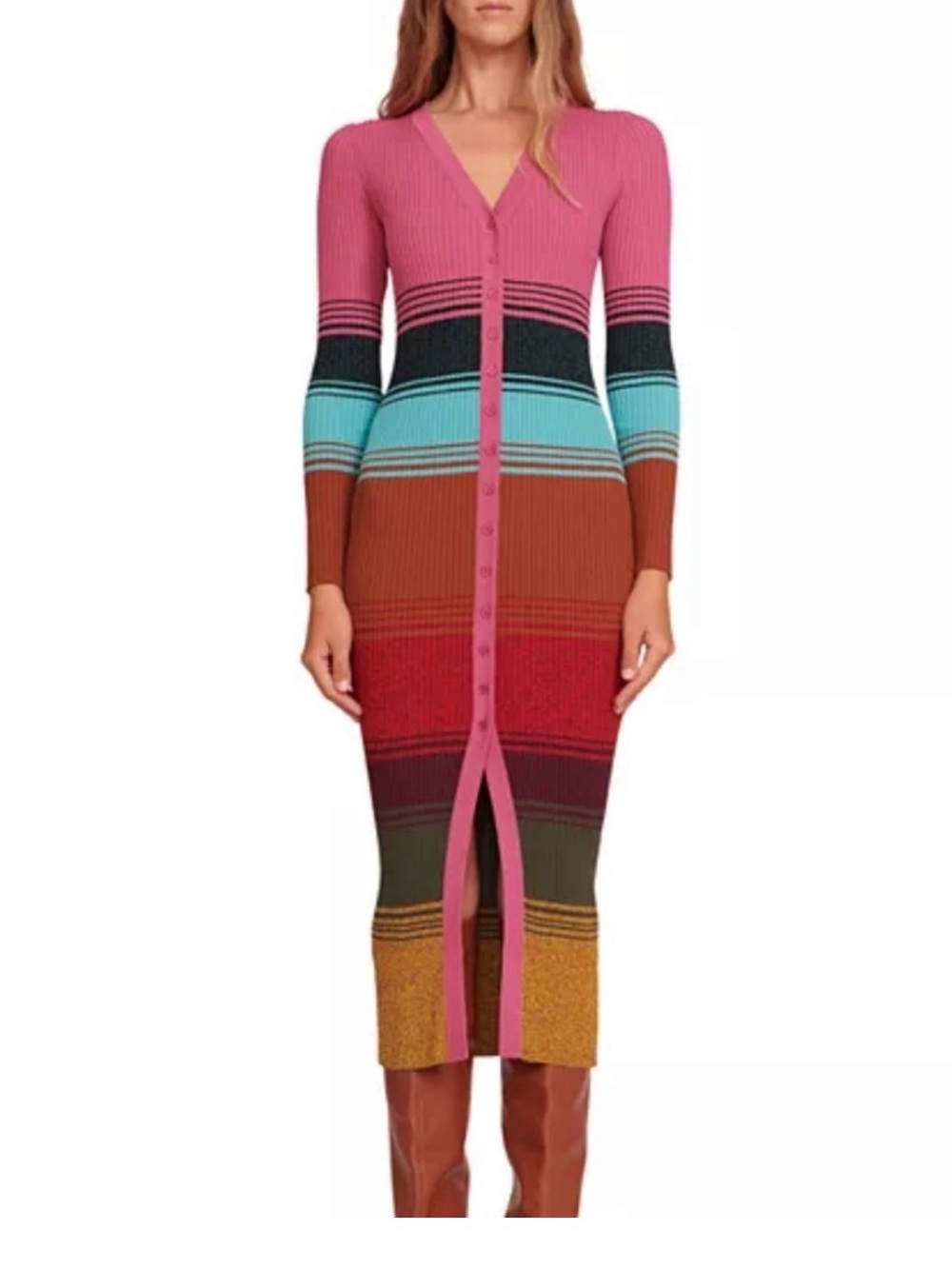 STAUD Shoko Striped Ribbed Sweater Dress Maxi Cardigan Pink Multicolor M